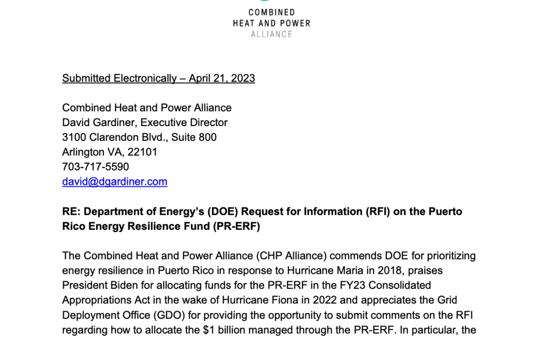 CHP Alliance Submits Comments to DOE on the Puerto Rico Energy Resilience Fund