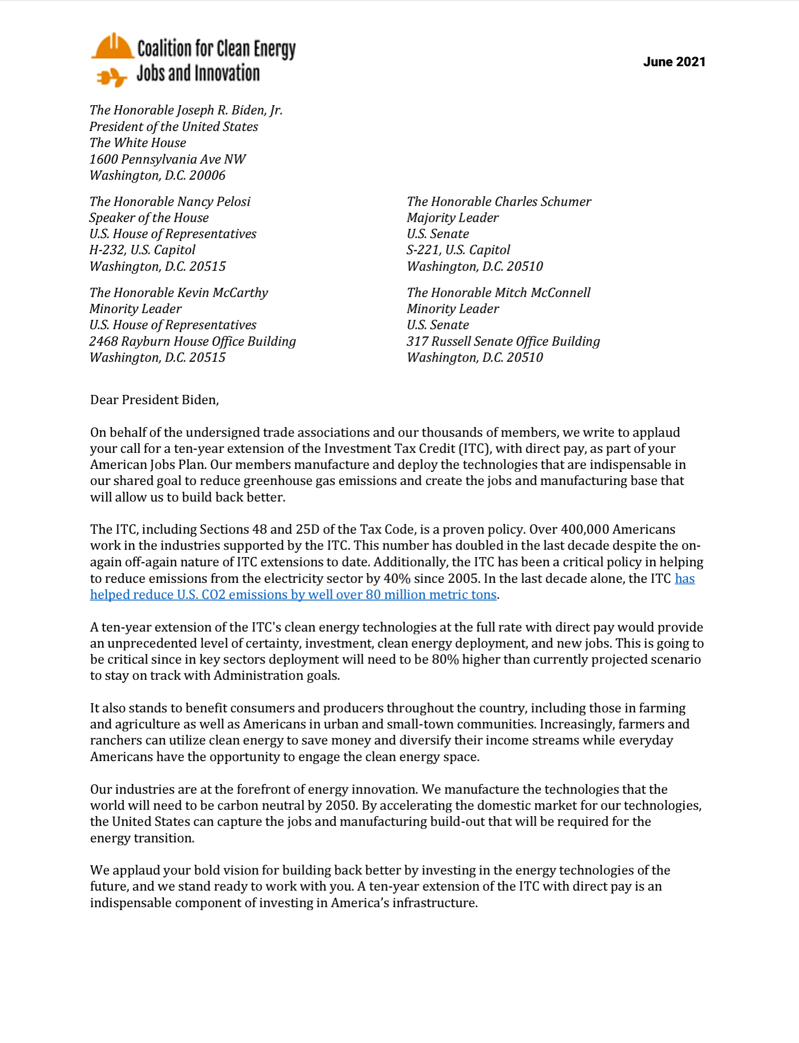 Coalition for Clean Energy Jobs & Innovation Letter In Support of ...