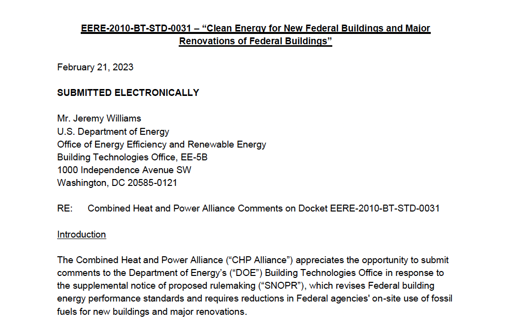 CHP Alliance Submits Comments on DOE’s Supplemental Notice of Proposed Rulemaking (SNOPR): Clean Energy for New Federal Buildings and Major Renovations of Federal Buildings
